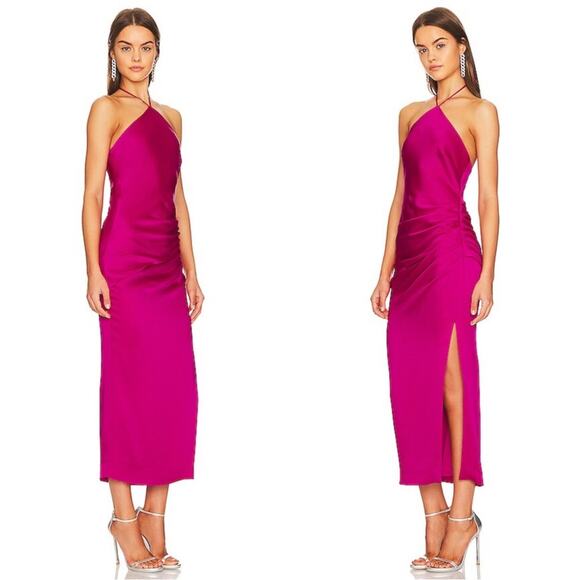 Jonathan Simkhai Hansel Halter Neck Satin Pink Bougainvillea Midi Dress Sz 2 - Picture 5 of 12